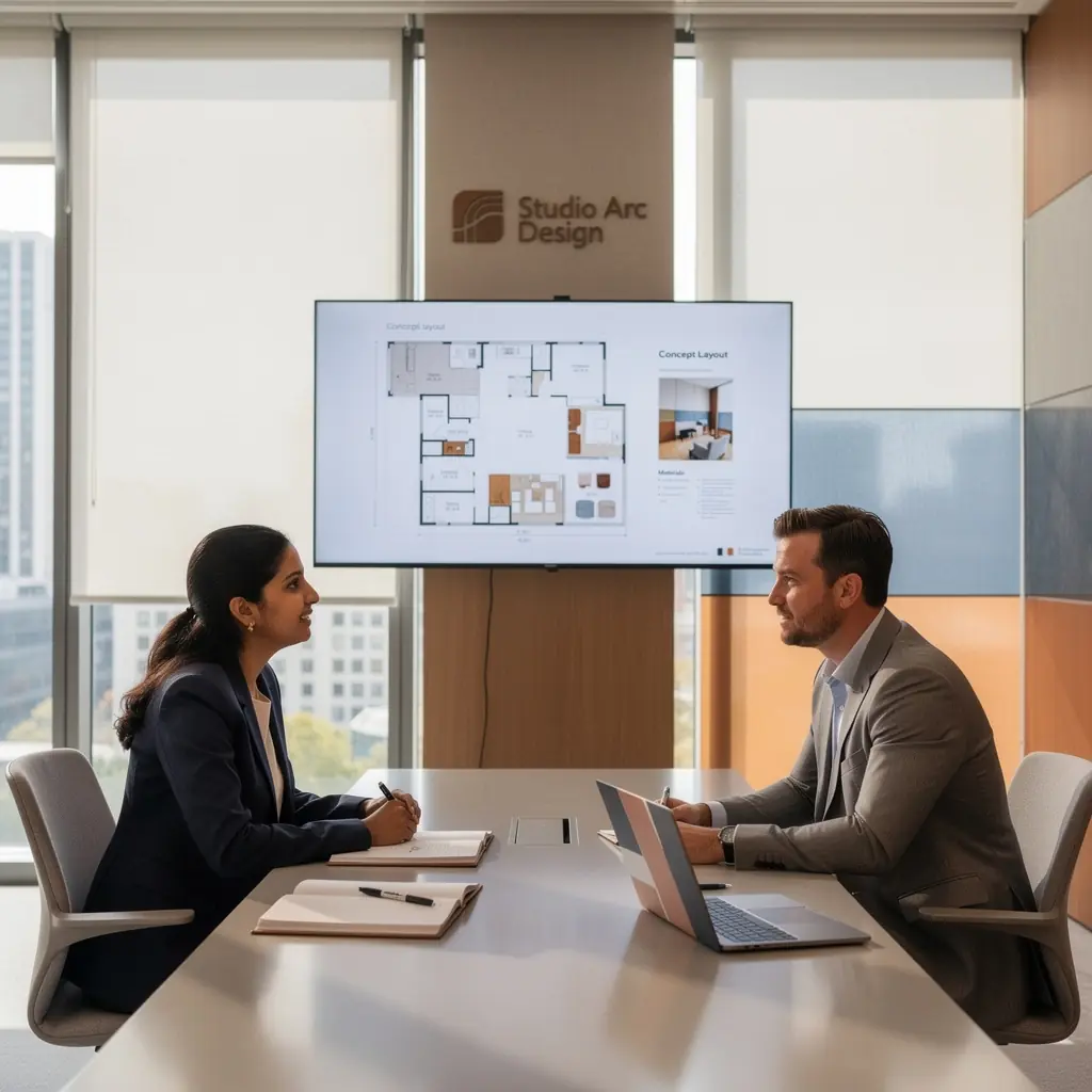 Pracownicy w kreatywnej przestrzeni biurowej, otoczeni naturalnymi materiałami.