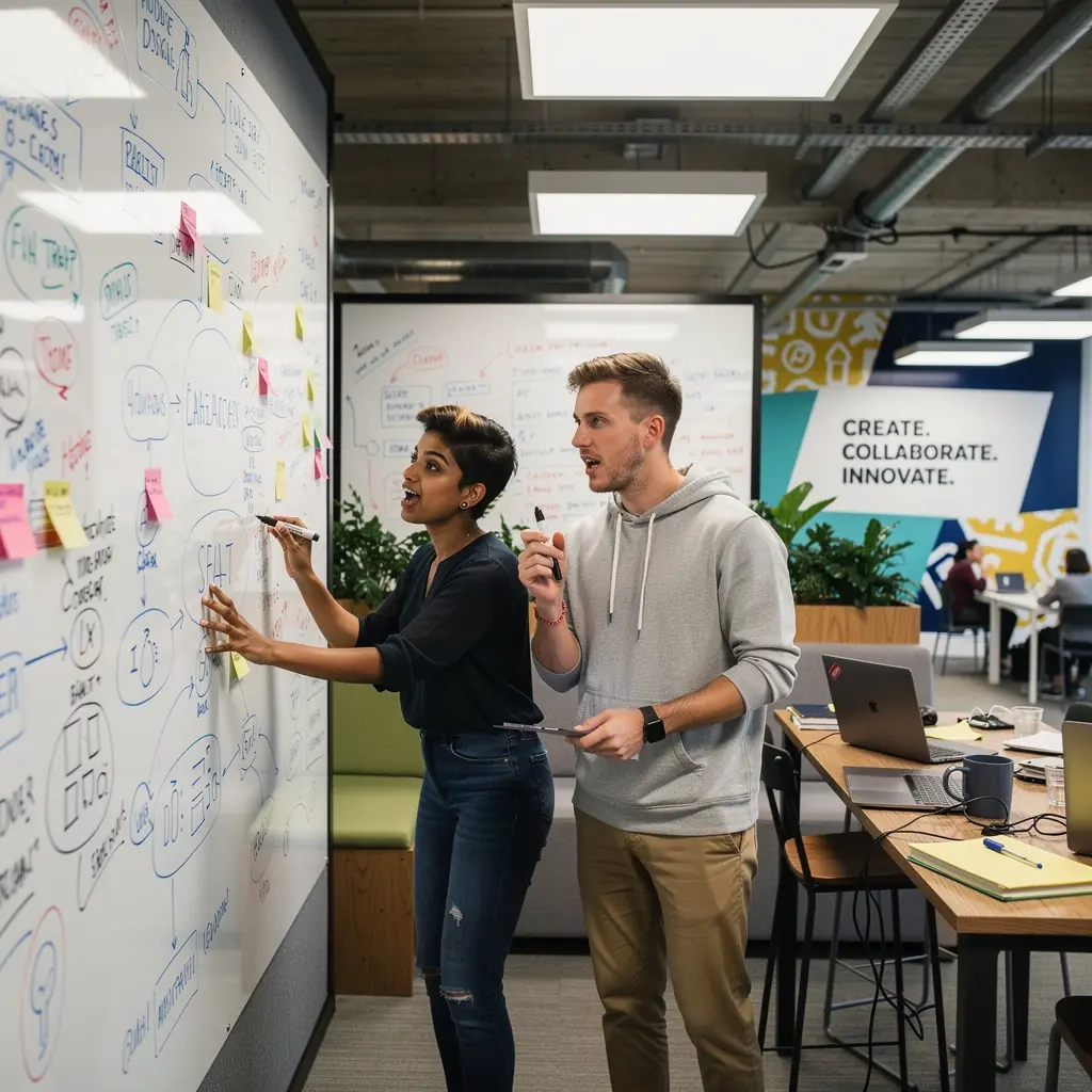 Przykład aranżacji wnętrza biura z wykorzystaniem kolorów korporacyjnych.