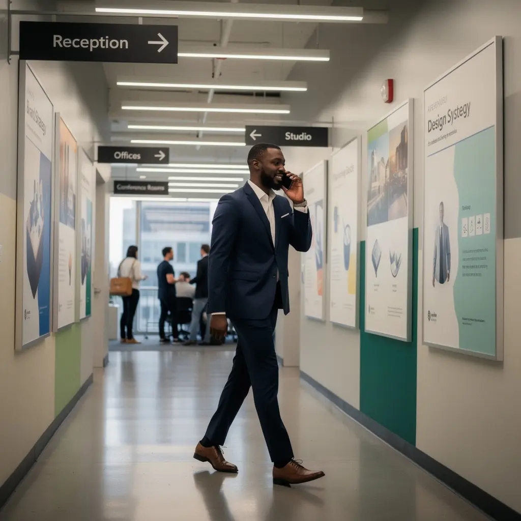 Znakowanie przestrzeni biurowej z wyraźnymi oznaczeniami i grafiką.